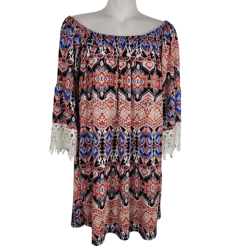 Win Win Womens Lace Tunic Top Boho Half Sleeve Boat Neck Size L- XL Colorful Art